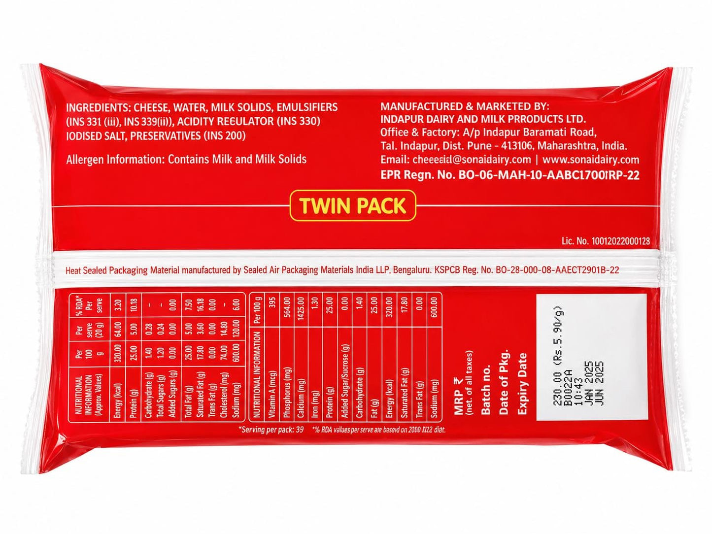 Sonai Processed Cheese Slice Red 780gm